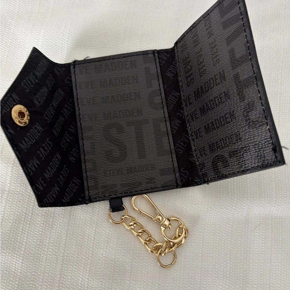 Steve Madden Card Holder Mini Wallet Keychain Black Logo(B124),